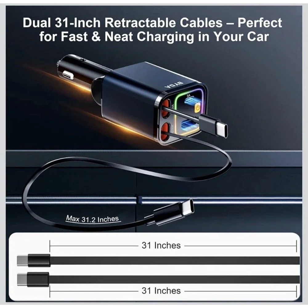 4 in 1 Retractable Car Charger,69W For Apple+Type C &RGB [Black], RGB [Black]